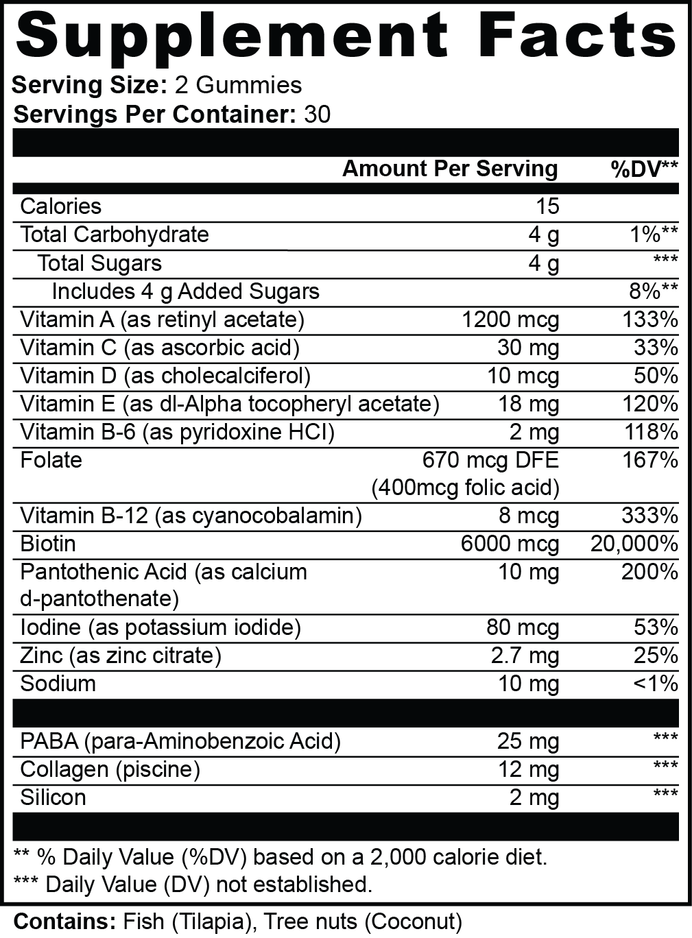 Supplement facts panel for BARE Collagen Gummies