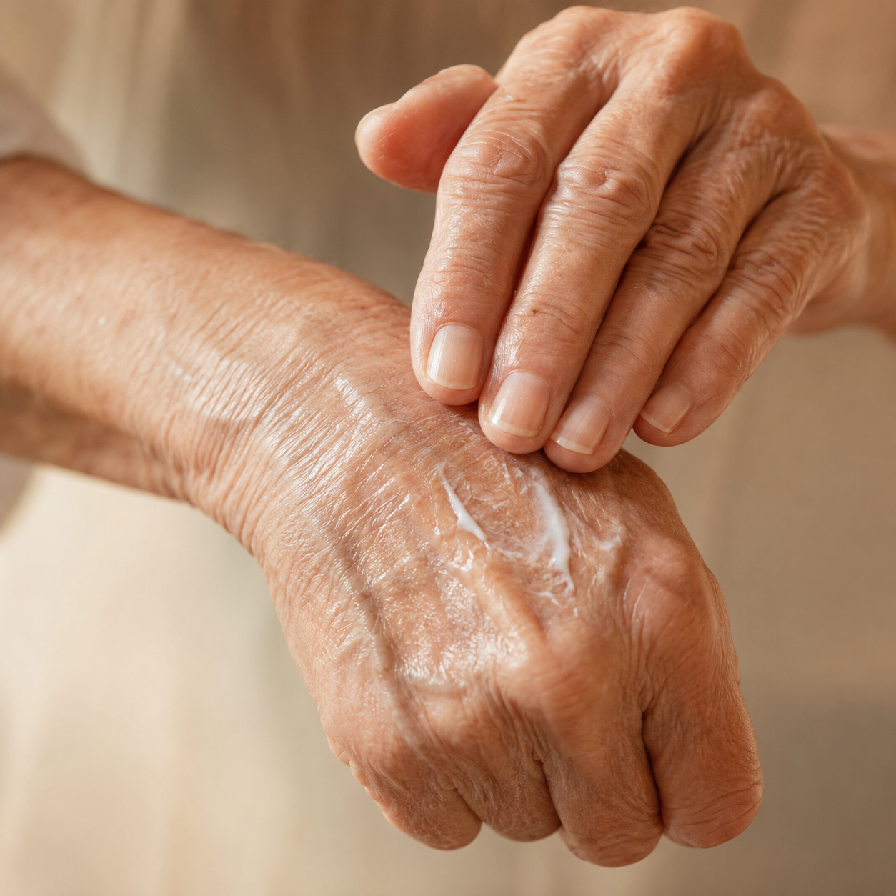 Mature hands applying BARE cream to the back of the hand