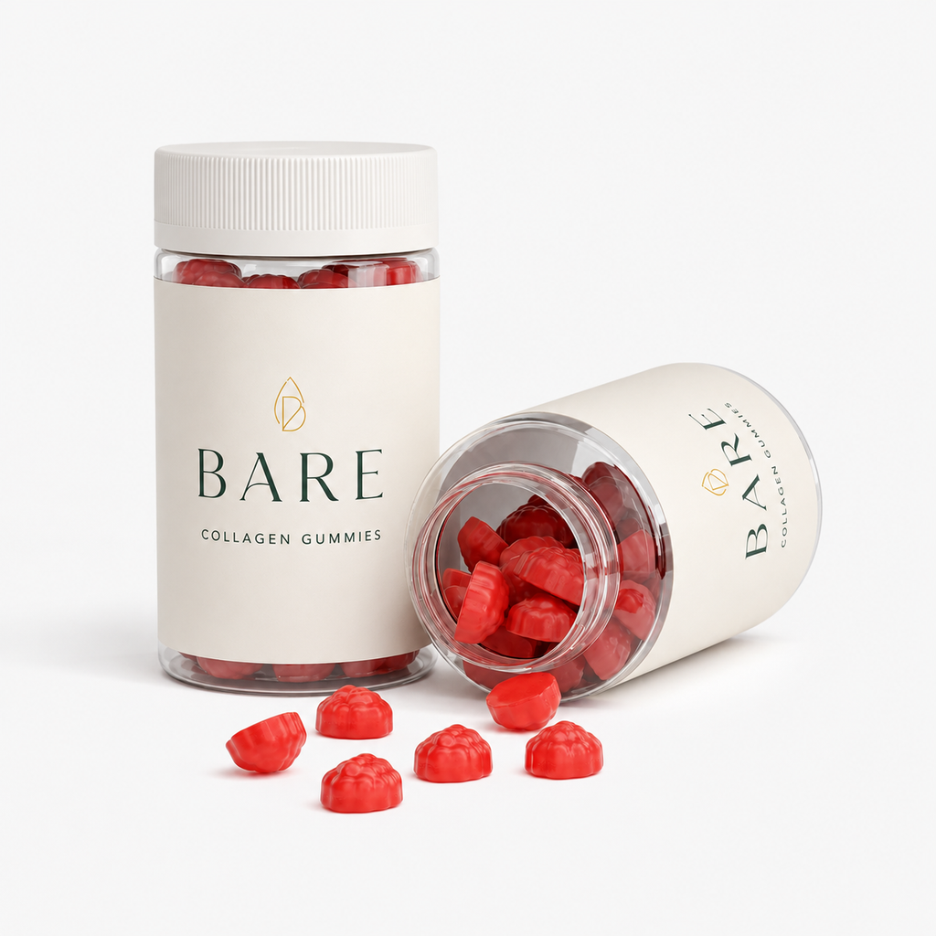 Two jars of BARE Collagen Gummies with gummies spilling out