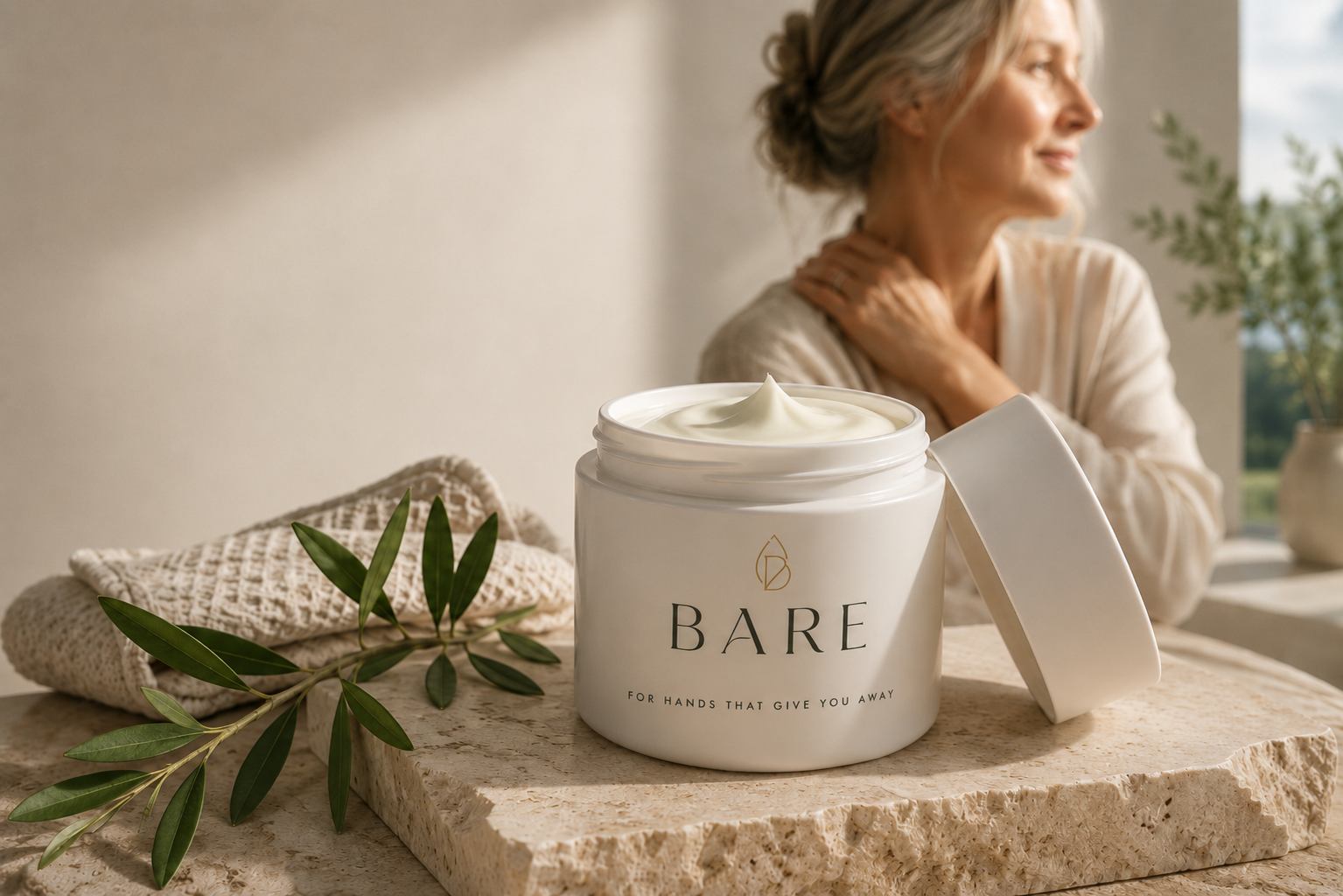 BARE cream jar open with mature woman in background