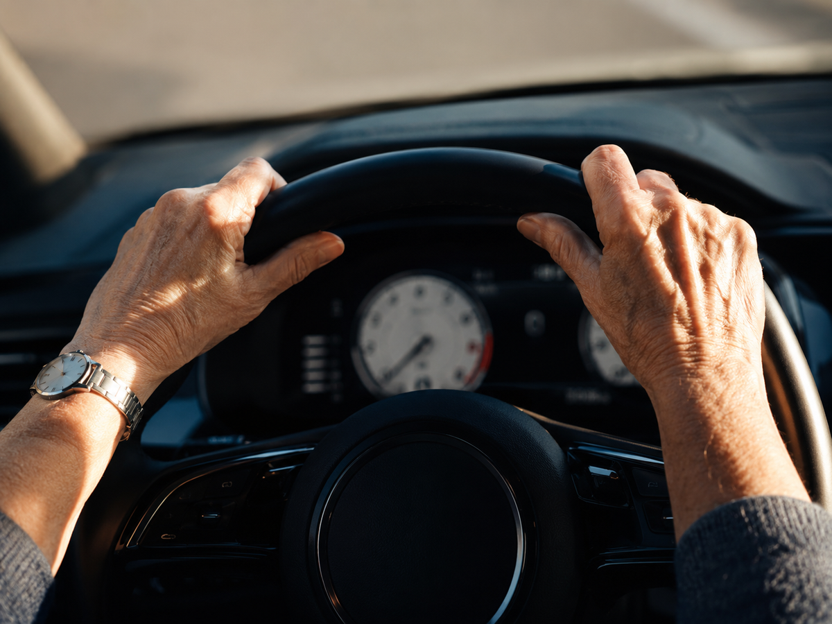 Older hands on a car steering wheel in afternoon sun